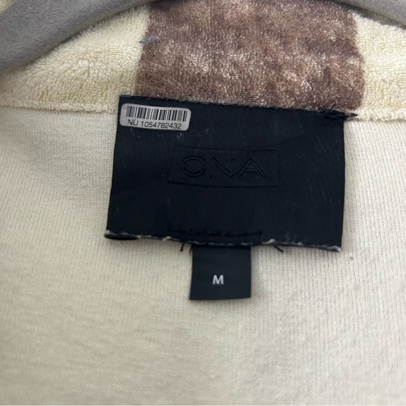 ONA Cream Brown Checkered Terry Oversized Button Down Short Sleeve Top M - Picture 7 of 10